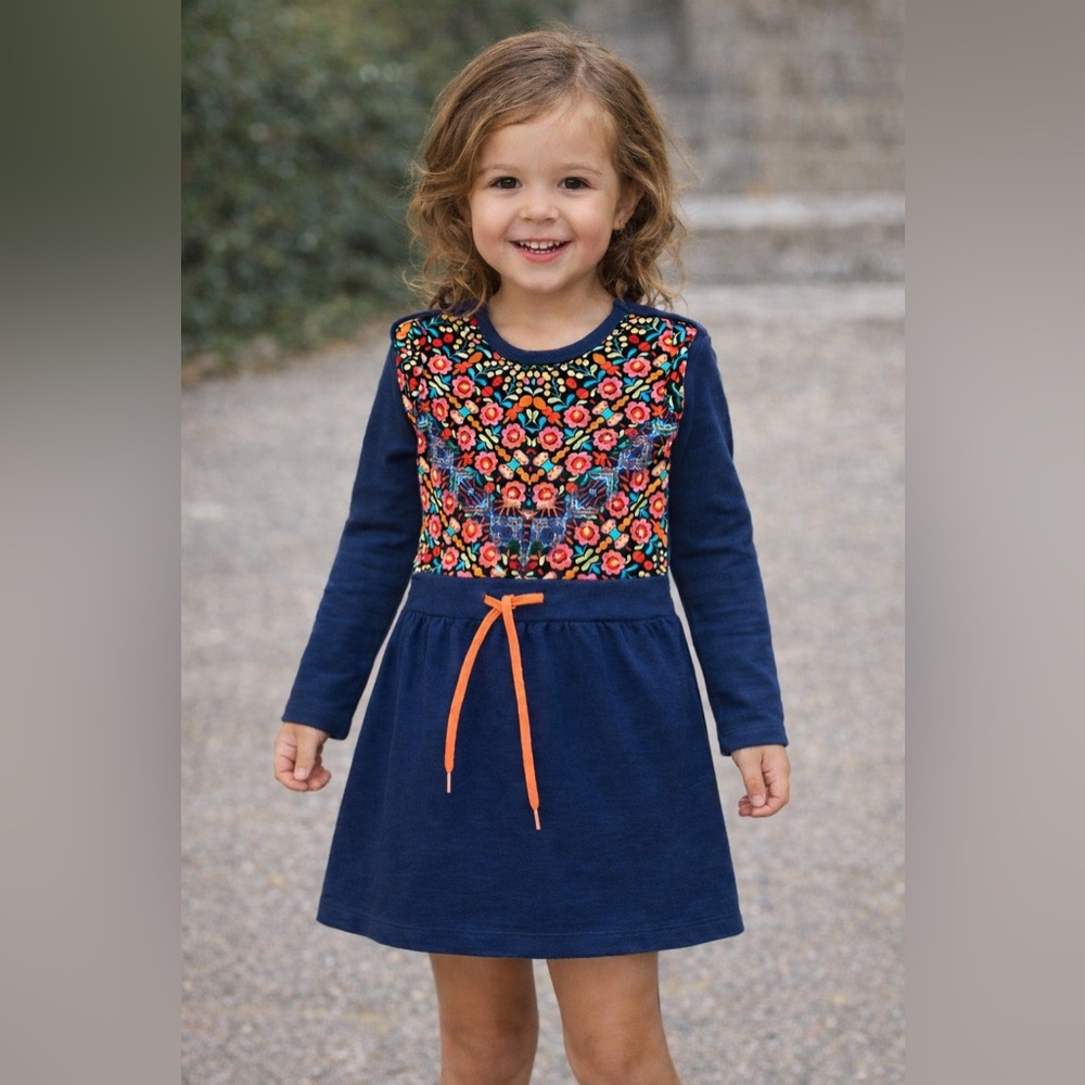Mim-Pi Navy Girls Dress with Colorful Floral Print Long Sleeves Sz 4y NWT